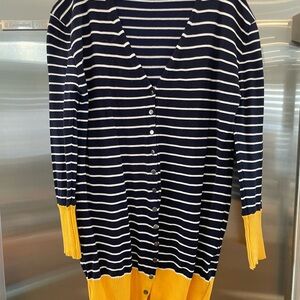 Navy and white stripped Cardigan with Yellow Accents, size large